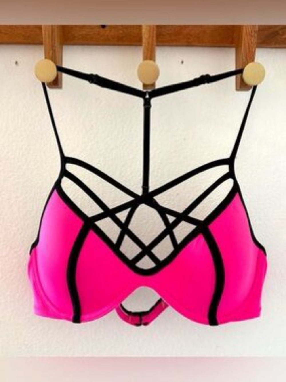 PINK Victoria's Secret Hot Pink Bra with Black Strappy Detail
